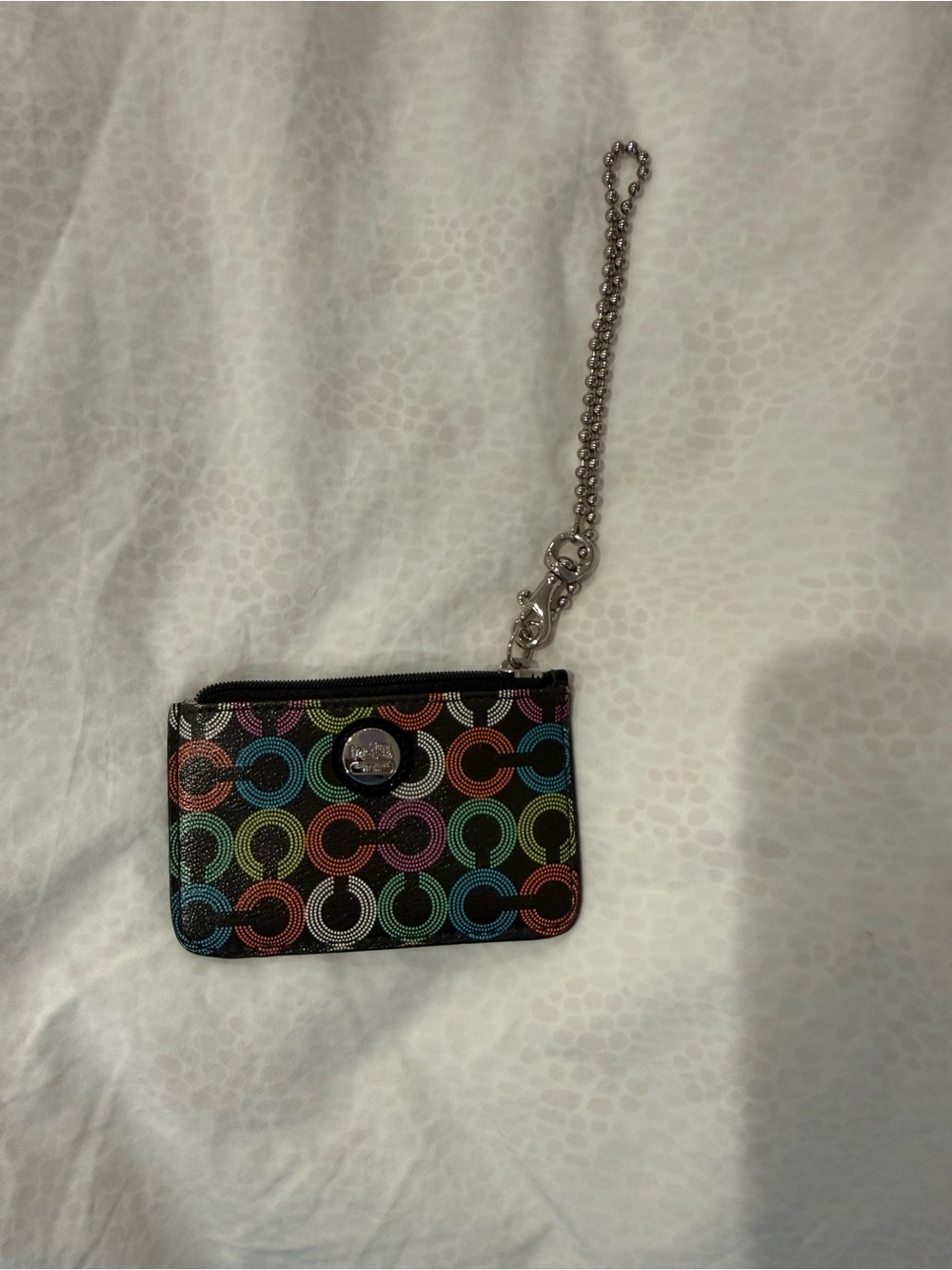 Coach Black Multicolor Signature Circle Coin Pouch with Chain